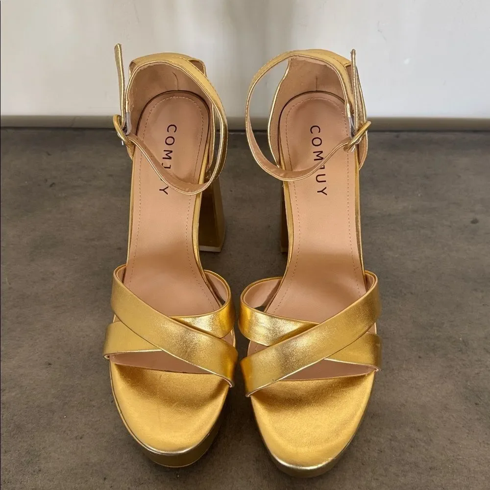 COMJUY Gold Metallic Platform Block High Heel Sandals Peep Toe Women's Size 8